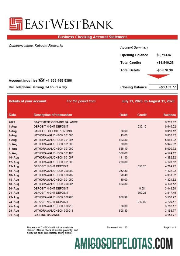 Em branco Extrato de conta firme da Cisjordânia Oriental modelo Word e PDF